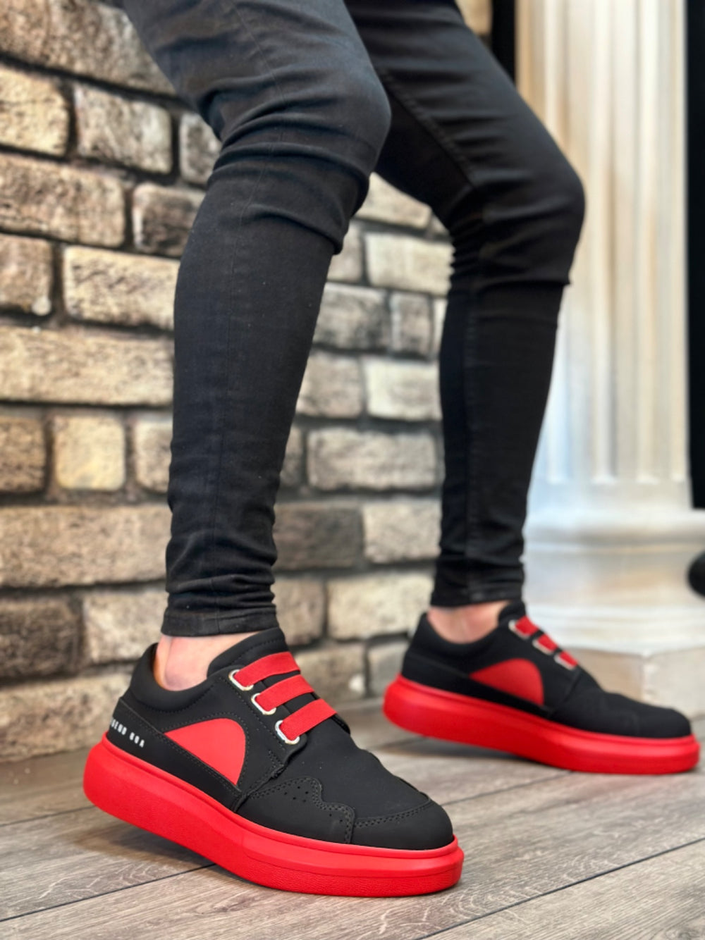BA0302 Boa Thick Sole Laceless Style Casual Black Red Men's Shoes