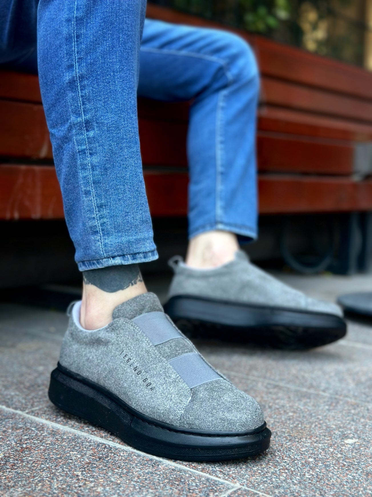 Men's Grey Black Thick Suede High Sole Double Strap Sandals