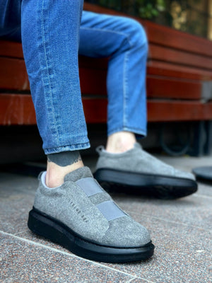 Men's Grey Black Thick Suede High Sole Double Strap Sandals