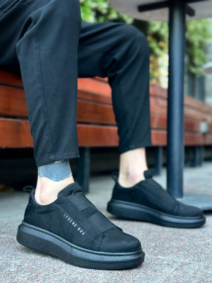 Men's Black Thick Suede High Sole Double Strap Sandals