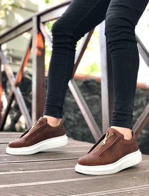BOA Thick High Sole Zippered Tan White Men's Shoes
