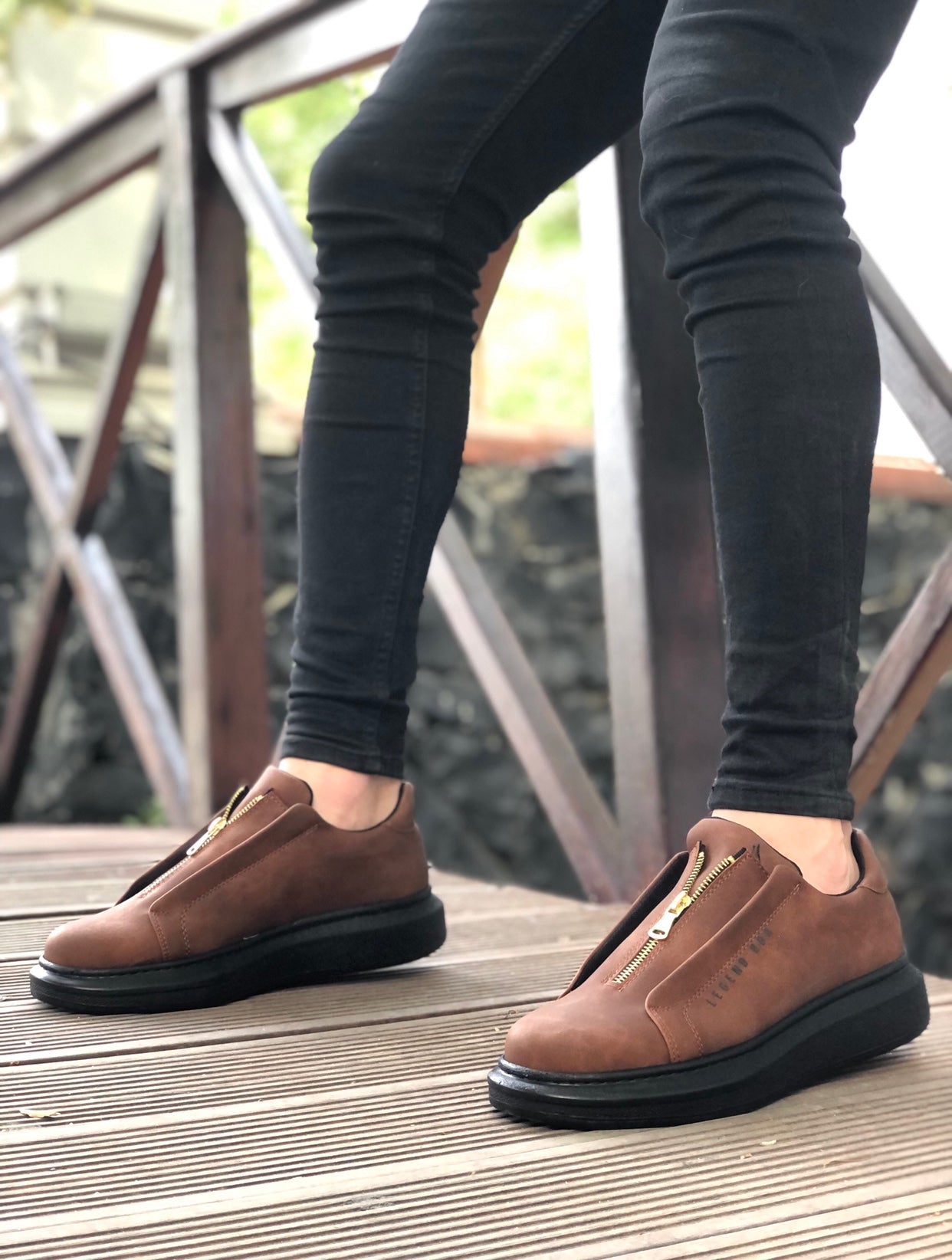 Thick High Sole Zipper Tan Black Men's Boots - BA0310