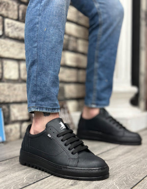 Black Thick Tread High Sole Black Lace-Up Men's Sneakers