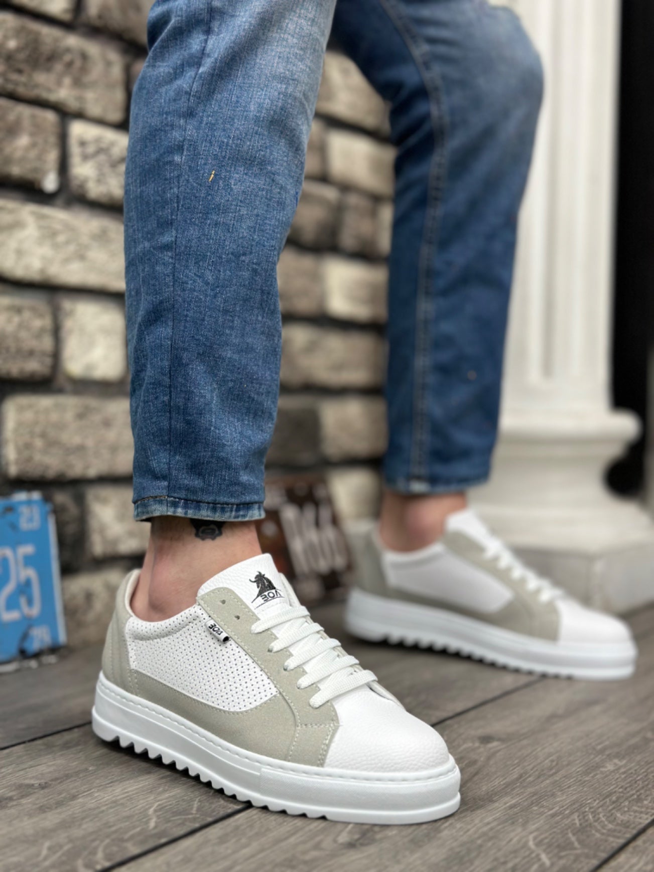 Thick Textured High Sole White Gray Lace-Up Men's Sneakers