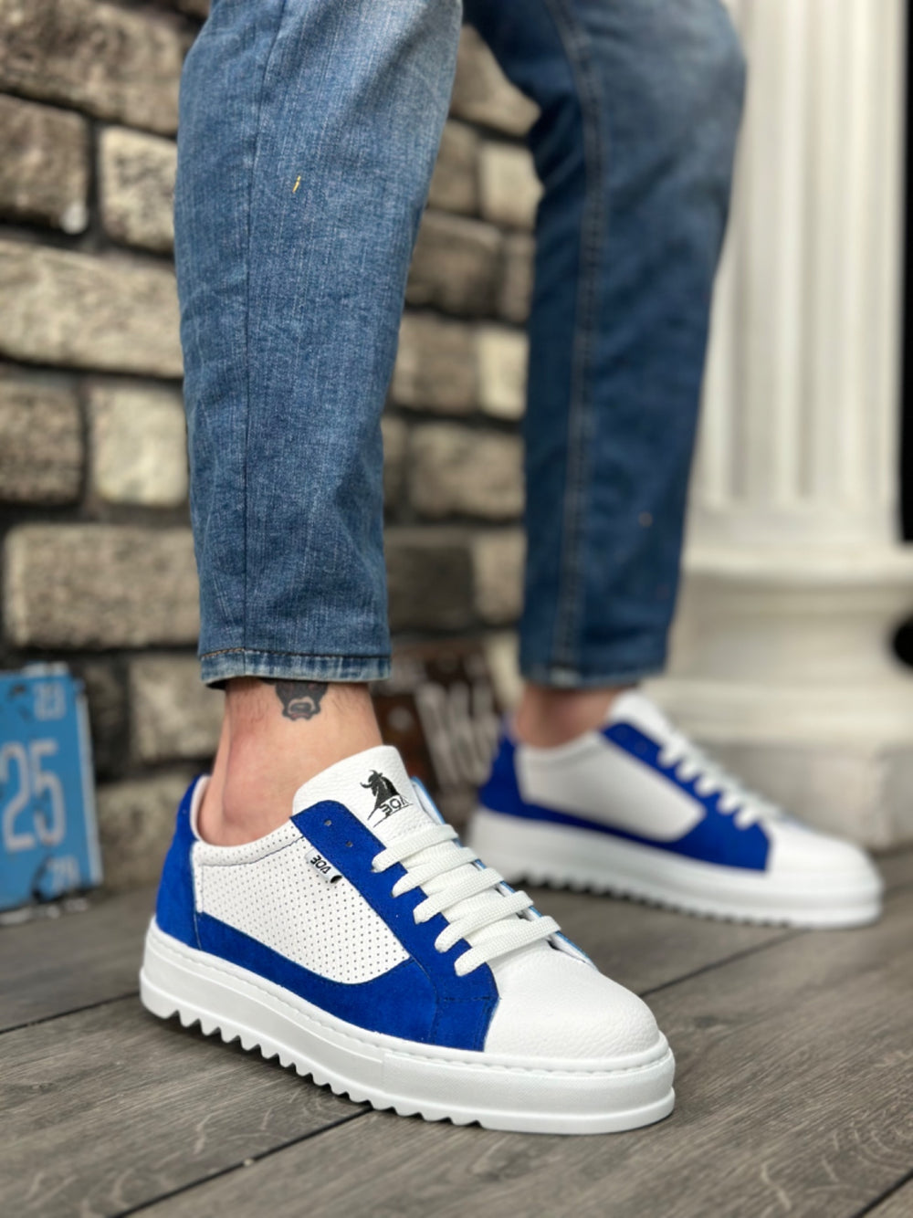 Men's White Blue Thick Sole Chunky Sneakers with Laces