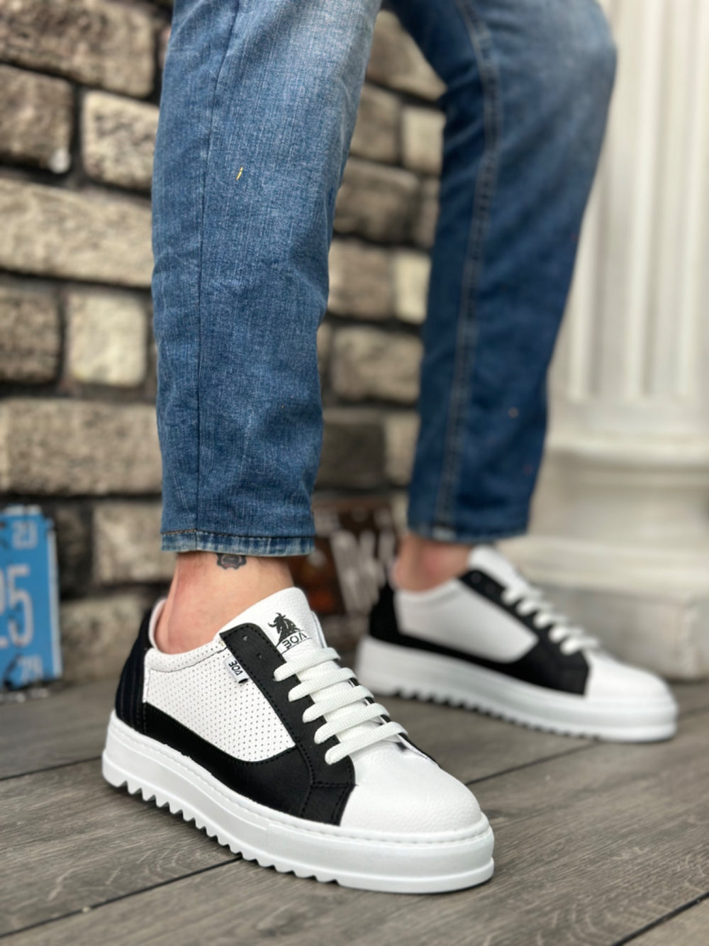 BA0323 Thick Ribbed High-Sole Black White Lace-Up Men's Sneakers