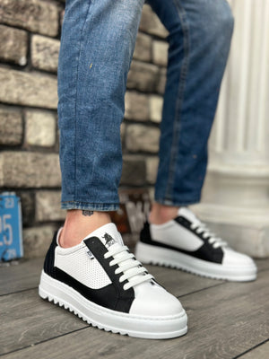 BA0323 Thick Ribbed High-Sole Black White Lace-Up Men's Sneakers