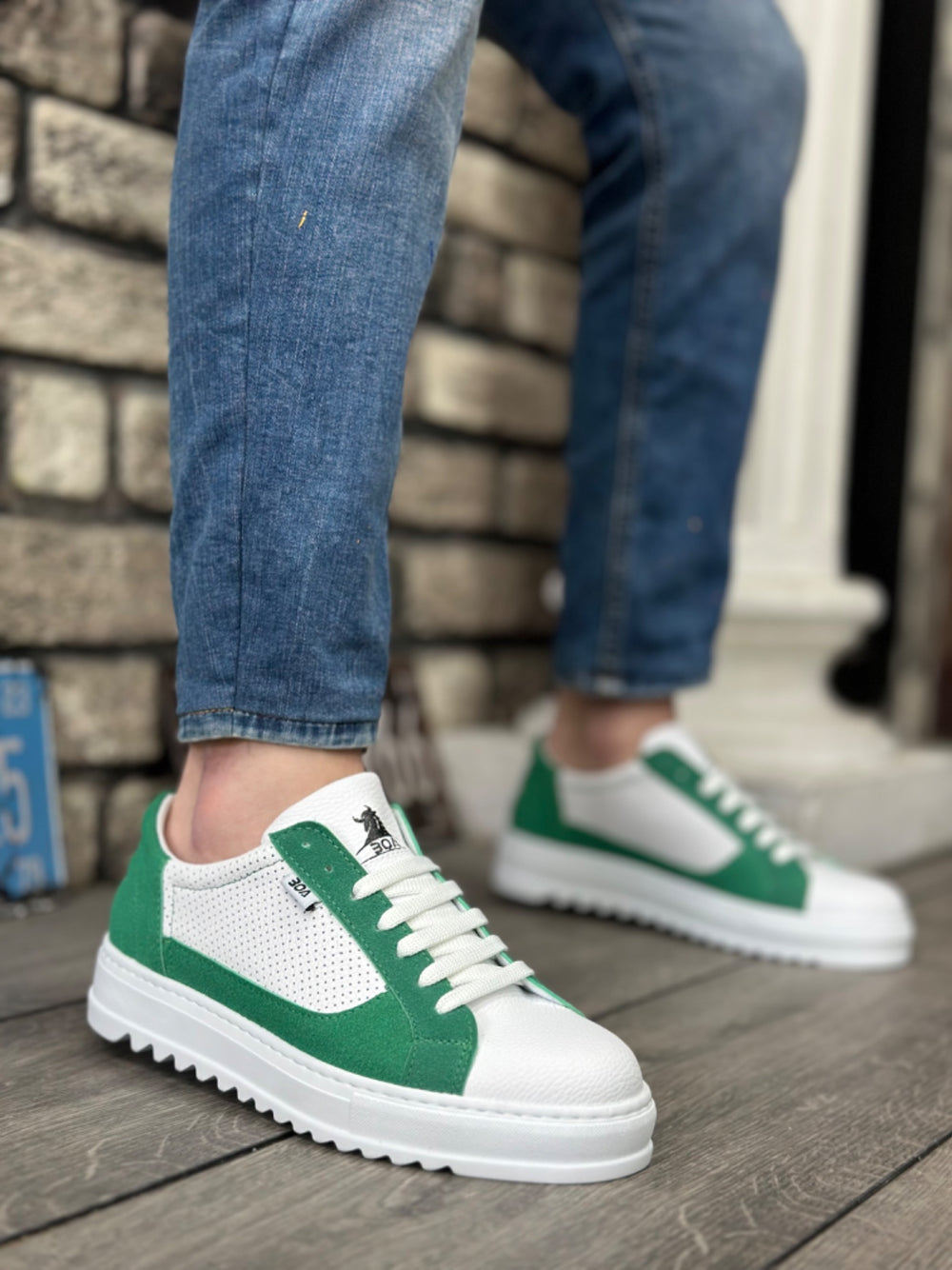 BA0323 BOA Thick Textured High Sole White Green Lace-Up Men's Sneakers
