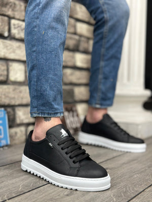 Men's Chunky Textured High Sole Black Lace-Up Sneakers