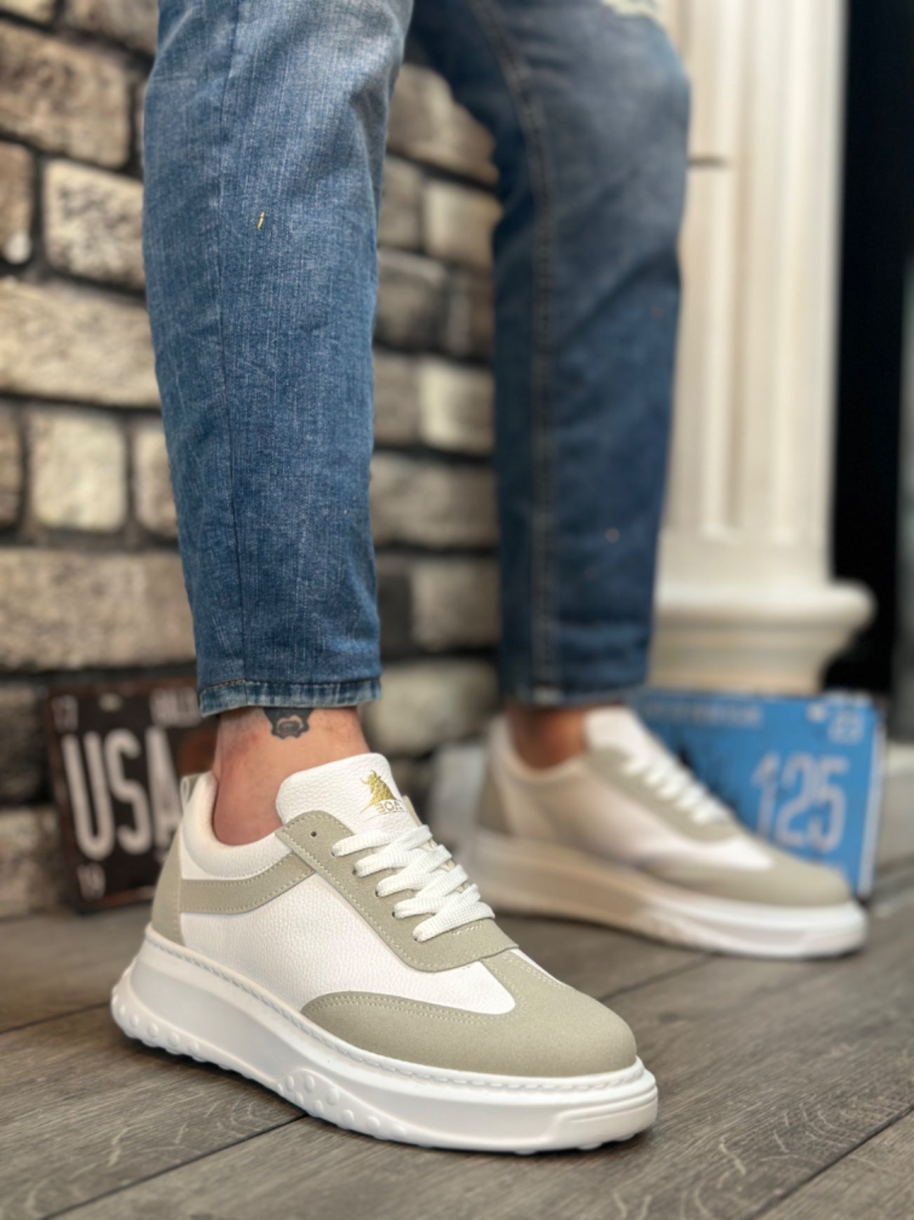 BA0327 Thick High Sole White Grey Lace-Up Men's Sneakers