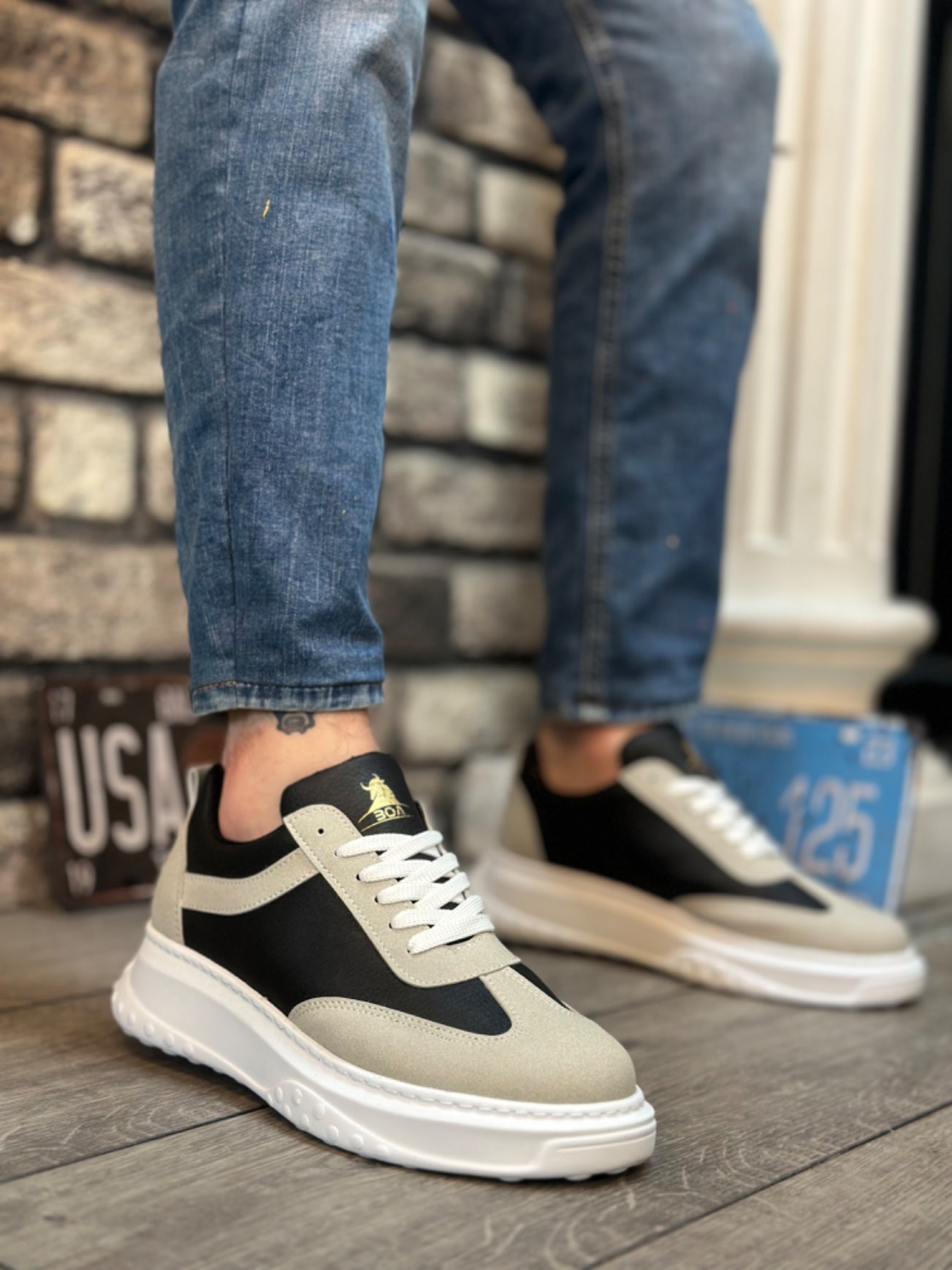 BA0327 Thick High Sole Gray Black Lace-Up Men's Sneakers