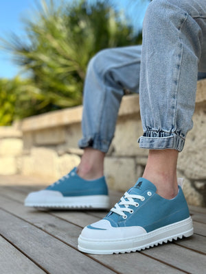 Turquoise Thick Sole Men's Sports Shoes with Smiley Pattern