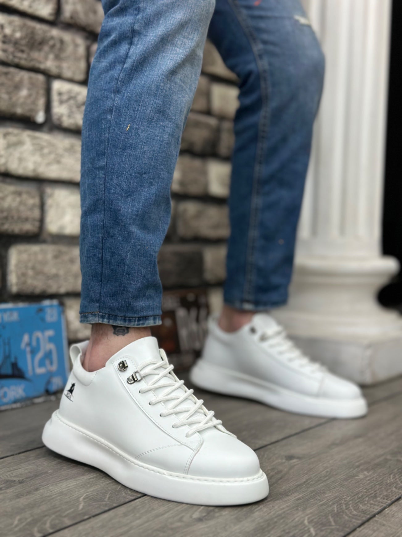 High Top White Leather Men's Sneakers with Laces