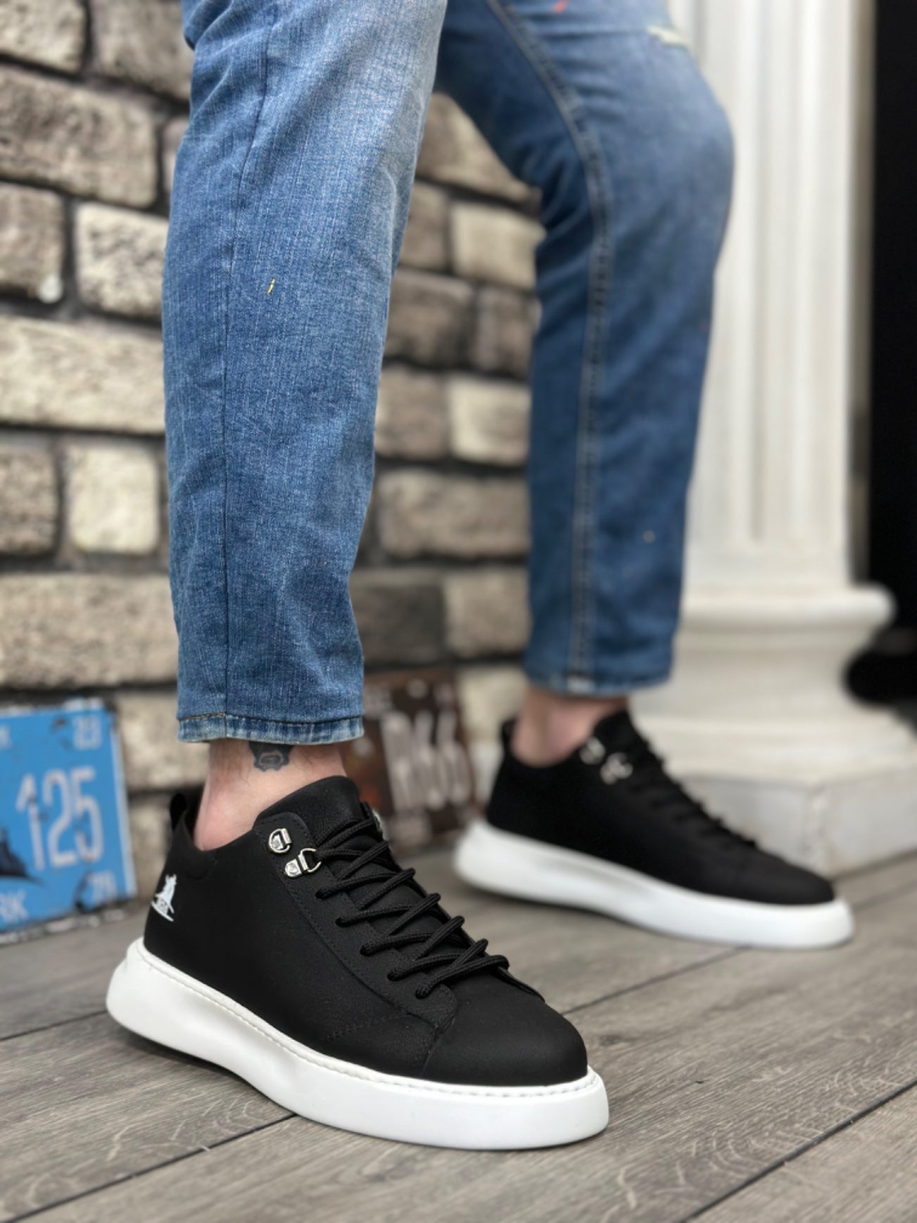 High Top Lace-Up Men's Black White Sole Sneakers