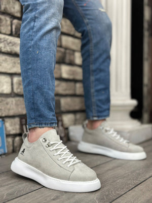 High Top Gray Suede White Sole Men's Sneakers with Laces