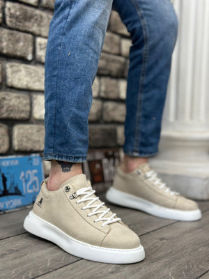 Cream Suede High Top Men's Sneakers with White Sole