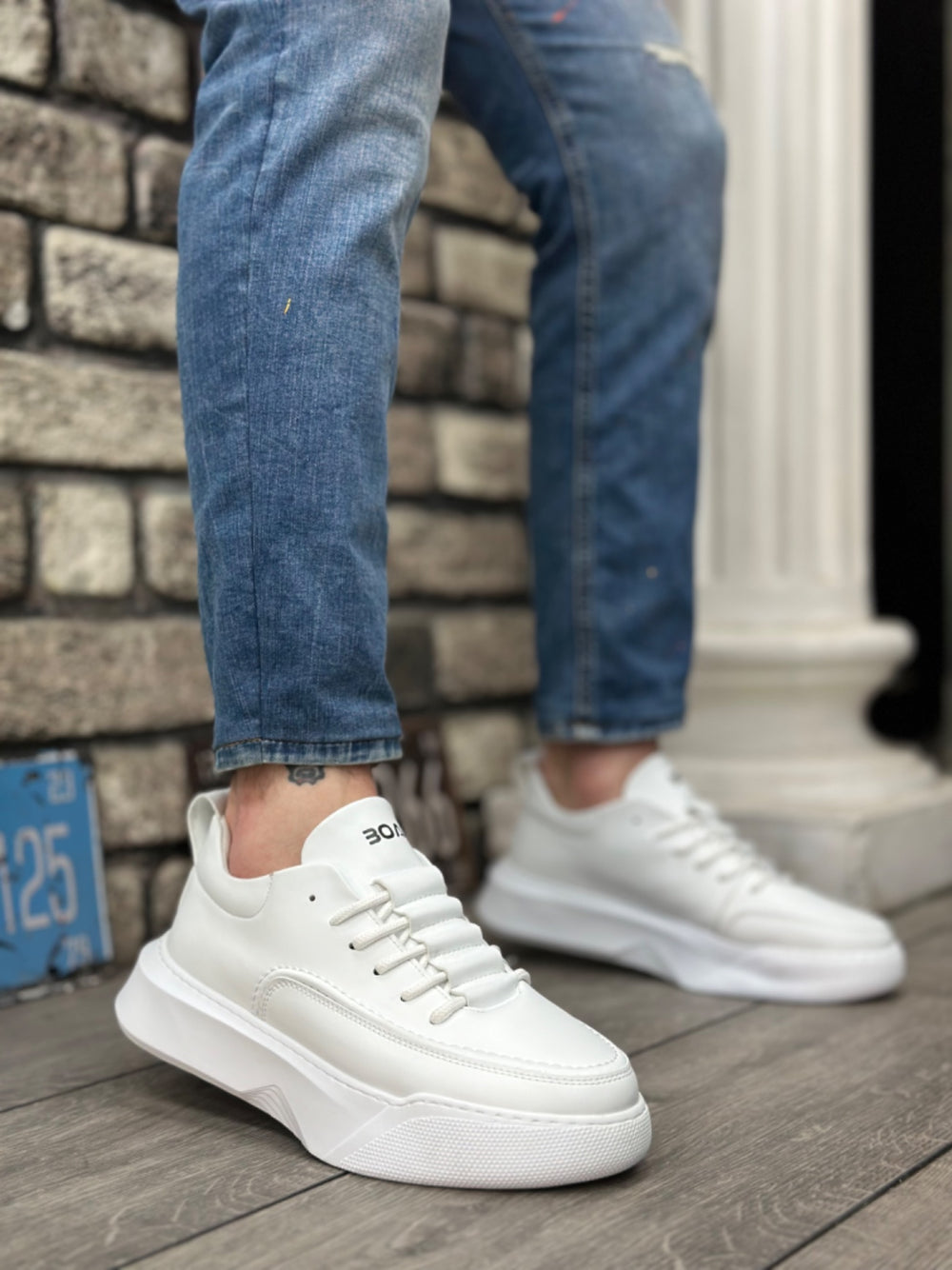 BA0332 Stair Pattern Lace-Up Men's High Top White Leather Sneakers