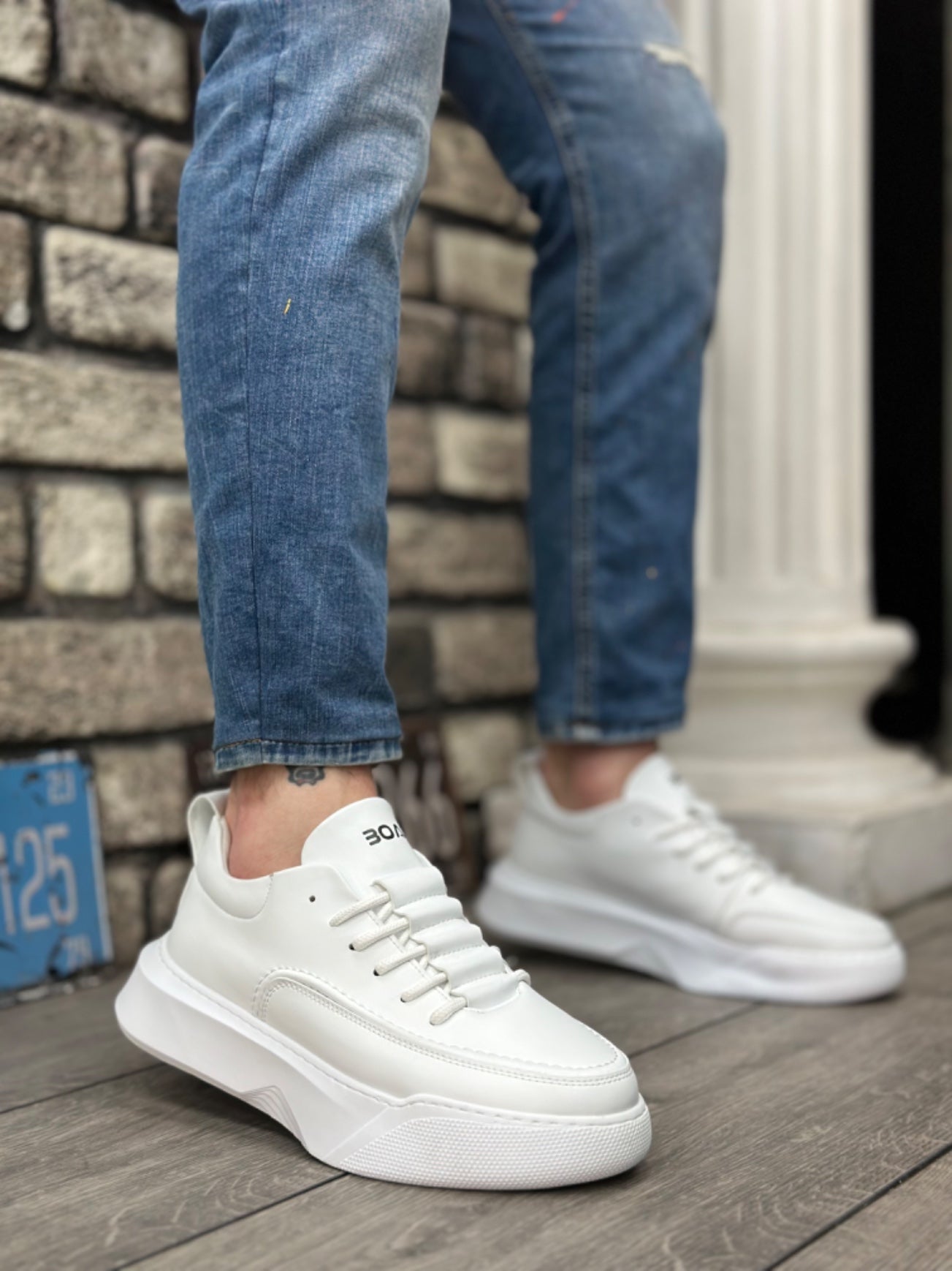 BA0332 Stair Pattern Lace-Up Men's High Top White Leather Sneakers