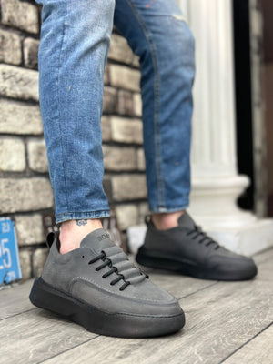 Men's High Top Gray Leather Sneakers with Stair Pattern Laces