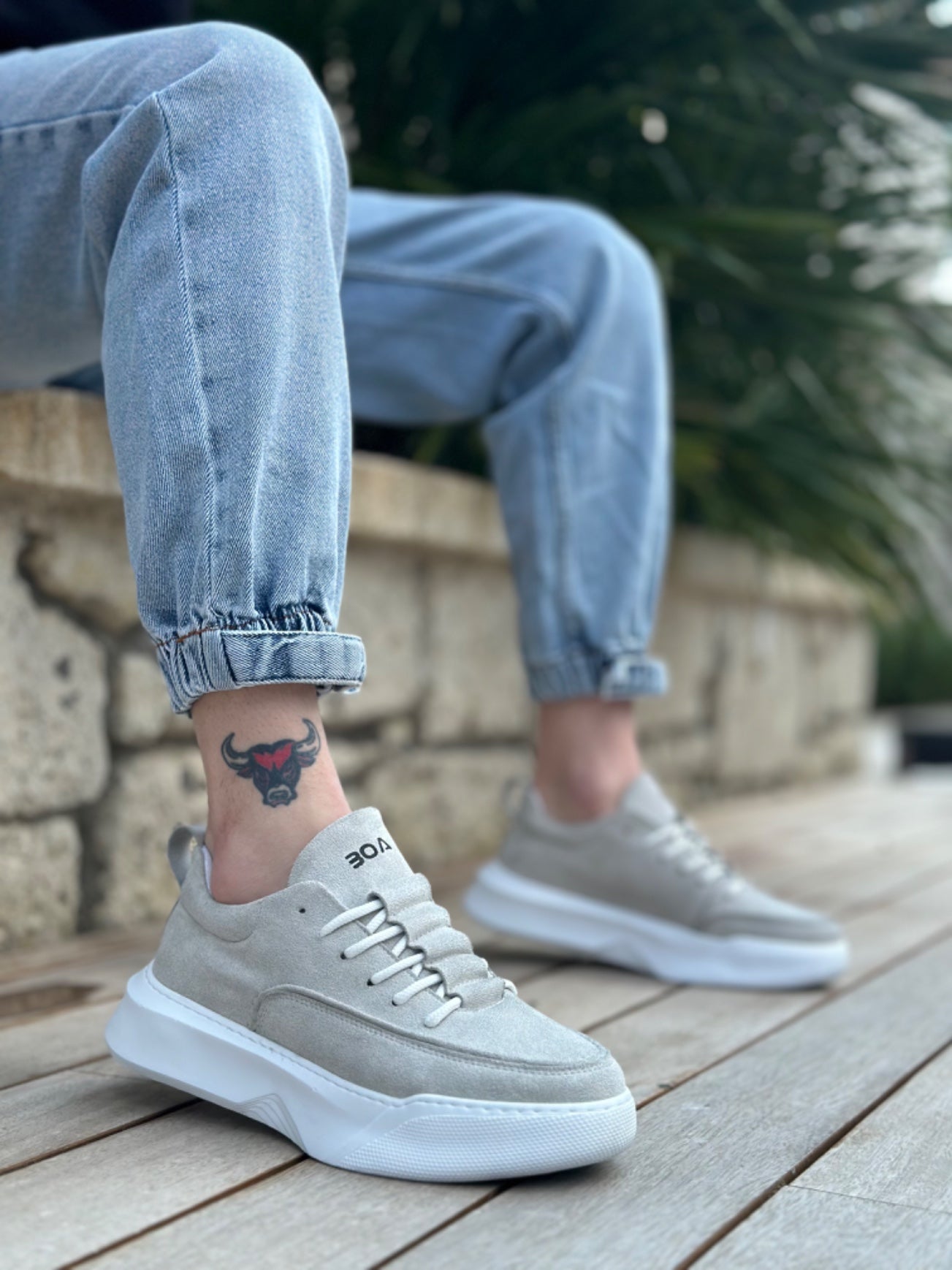 Men's High Top Gray Suede White Sole Sneakers with Stair Pattern Laces