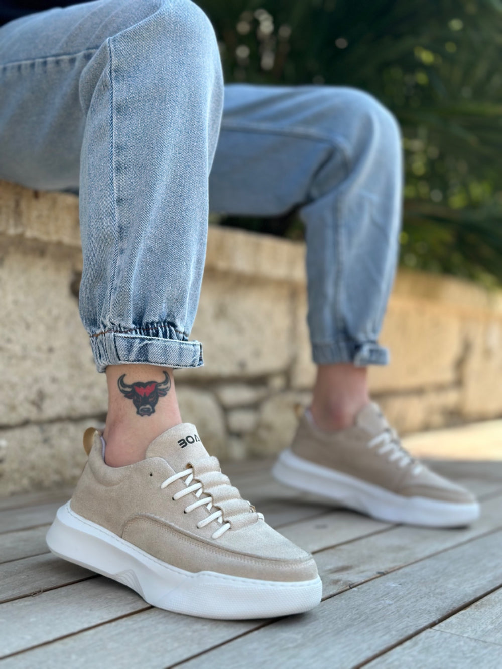 Men's High Top Cream Suede Sneakers with Stair Pattern Laces