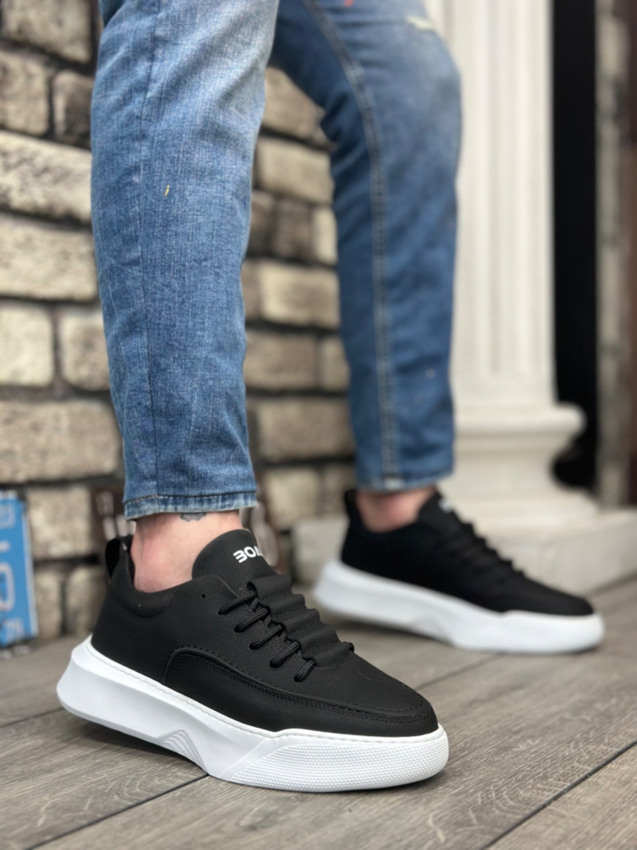Men's High Top Black Leather White Sole Sneakers with Stair Pattern Laces