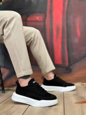 Men's High Top Black Suede White Sole Sneakers with Stair Pattern