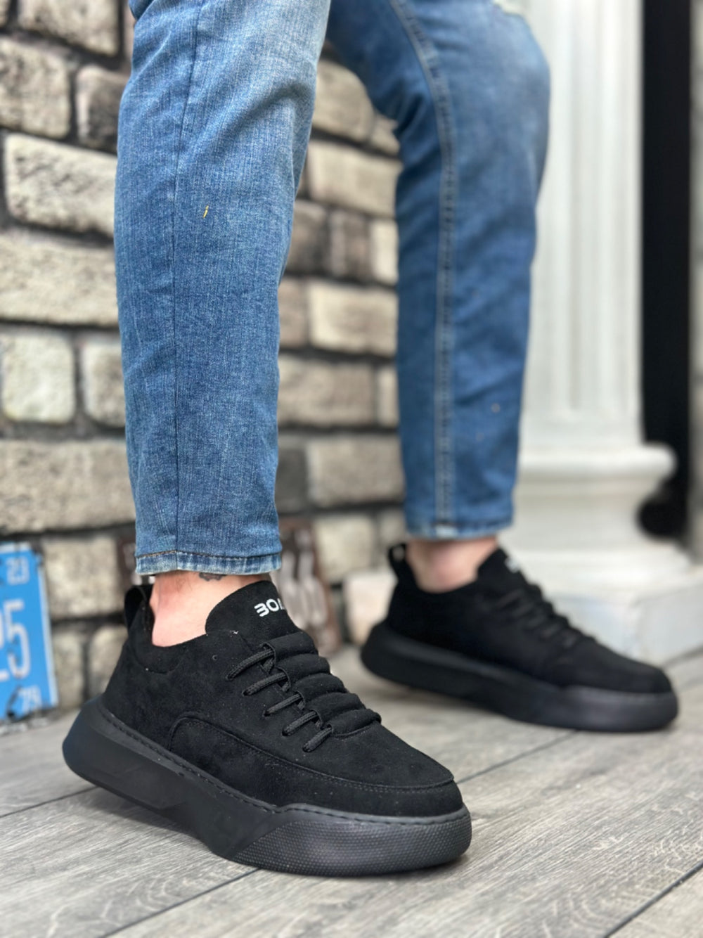 Men's High Top Black Suede Sneakers with Stair Pattern Laces