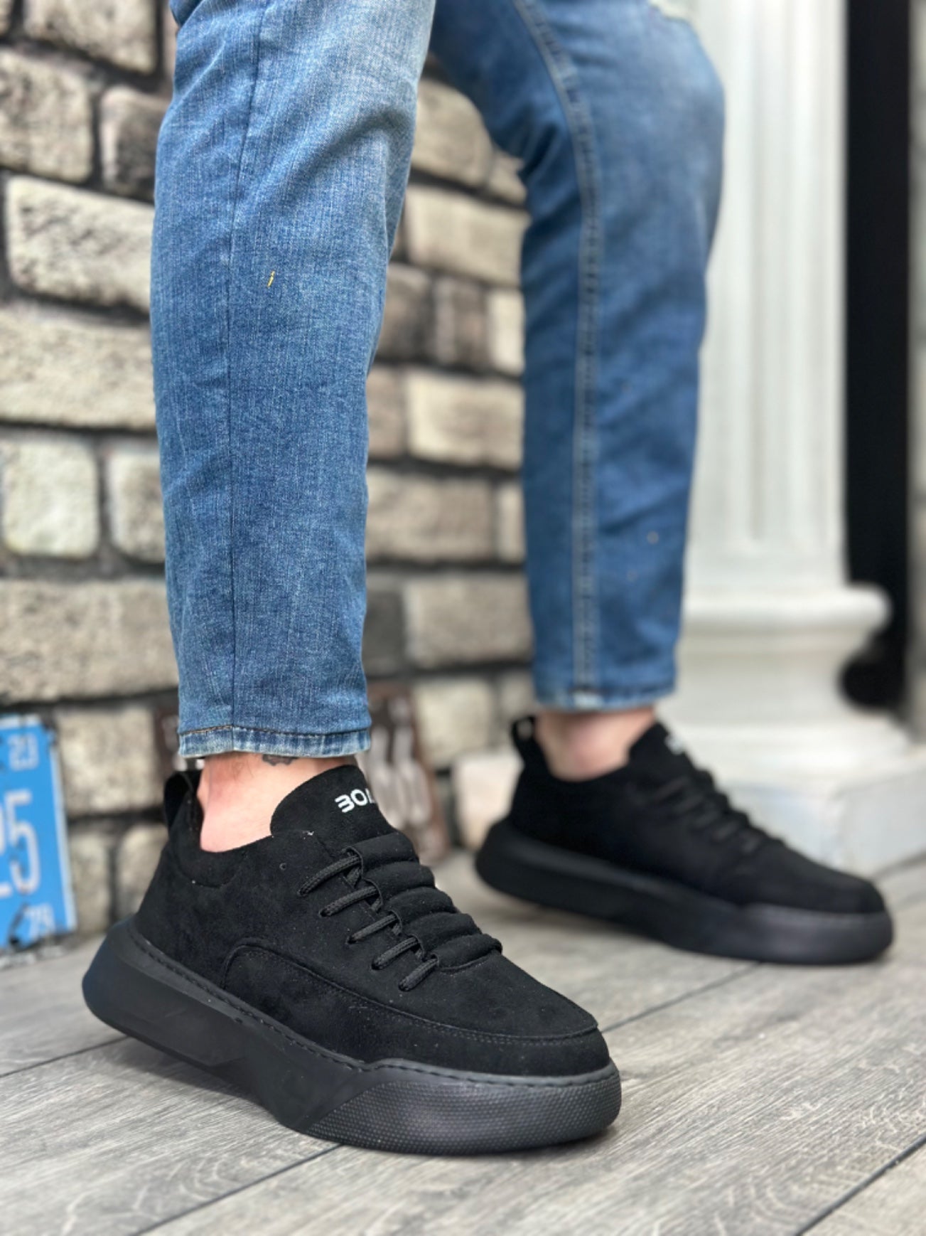 Men's High Top Black Suede Sneakers with Stair Pattern Laces