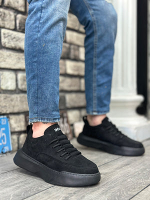Men's High Top Black Suede Sneakers with Stair Pattern Laces