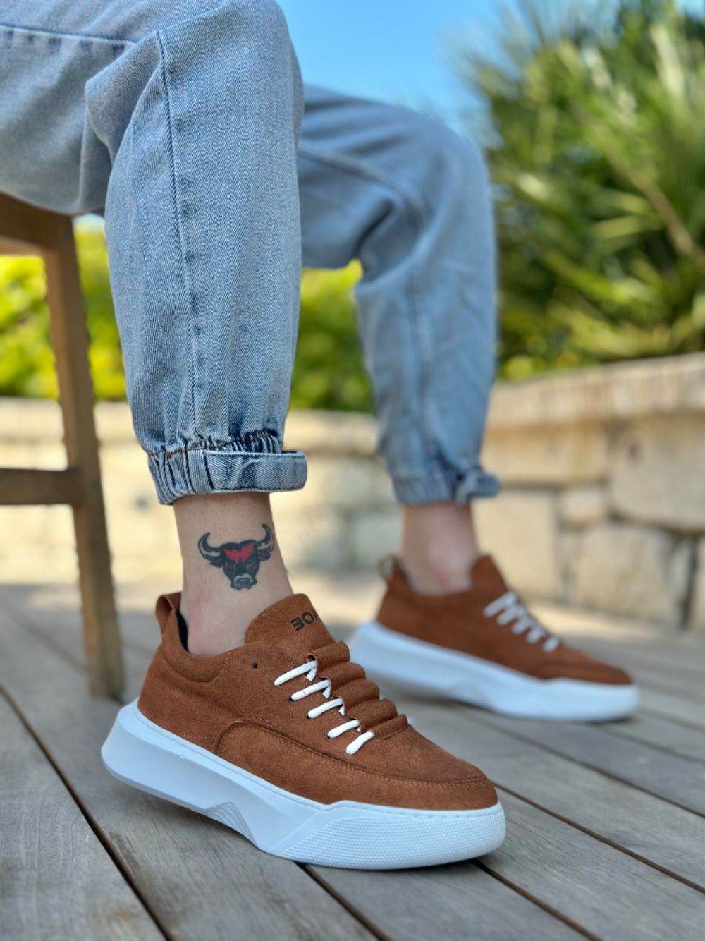 BA0332 Men's High Top Tan Suede White Sole Sneakers