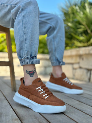 BA0332 Men's High Top Tan Suede White Sole Sneakers