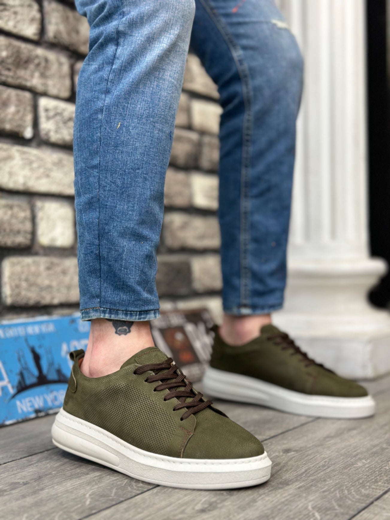 BA0336 Genuine Nubuck Leather Khaki Casual Men's Shoes with Laces