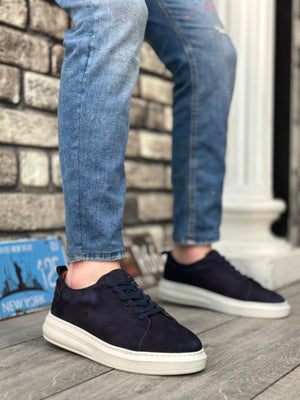 Navy Blue Genuine Nubuck Leather Lace-up Men's Casual Shoes