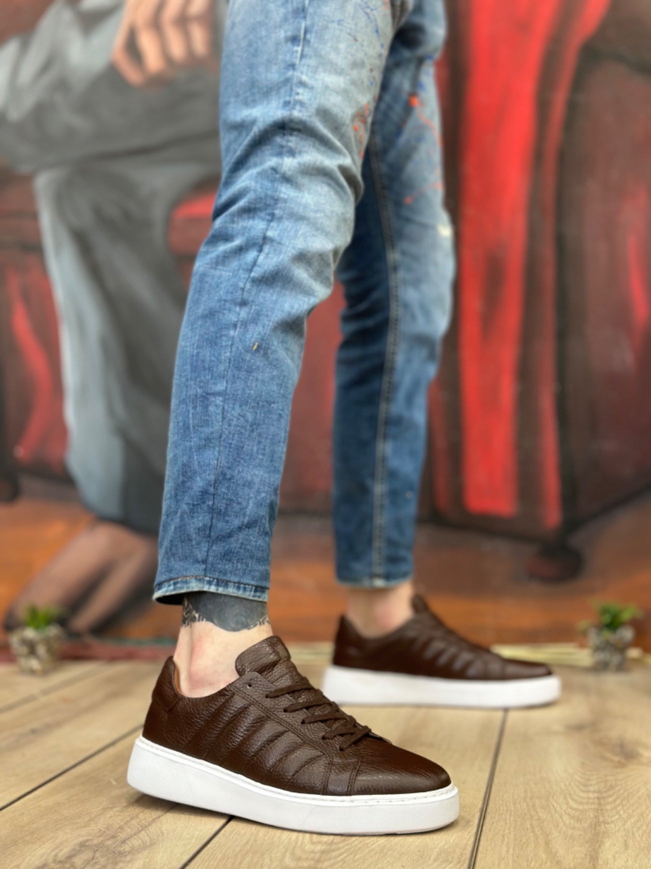 Brown Genuine Leather Lace-Up Casual Men's Shoes BA0348