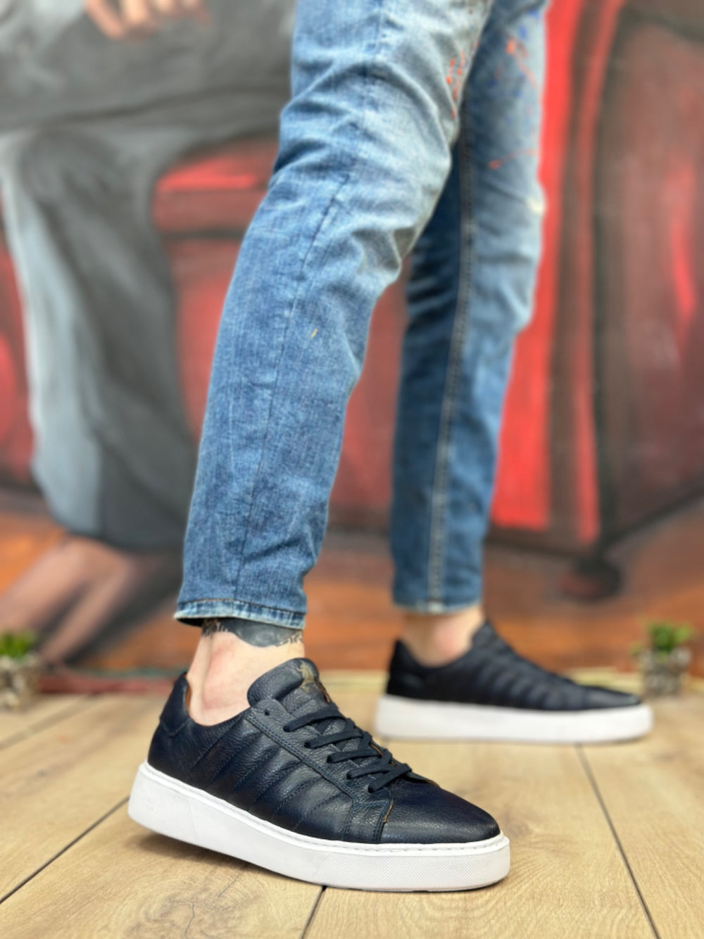 Navy Blue Genuine Leather Lace-Up Casual Men's Shoes