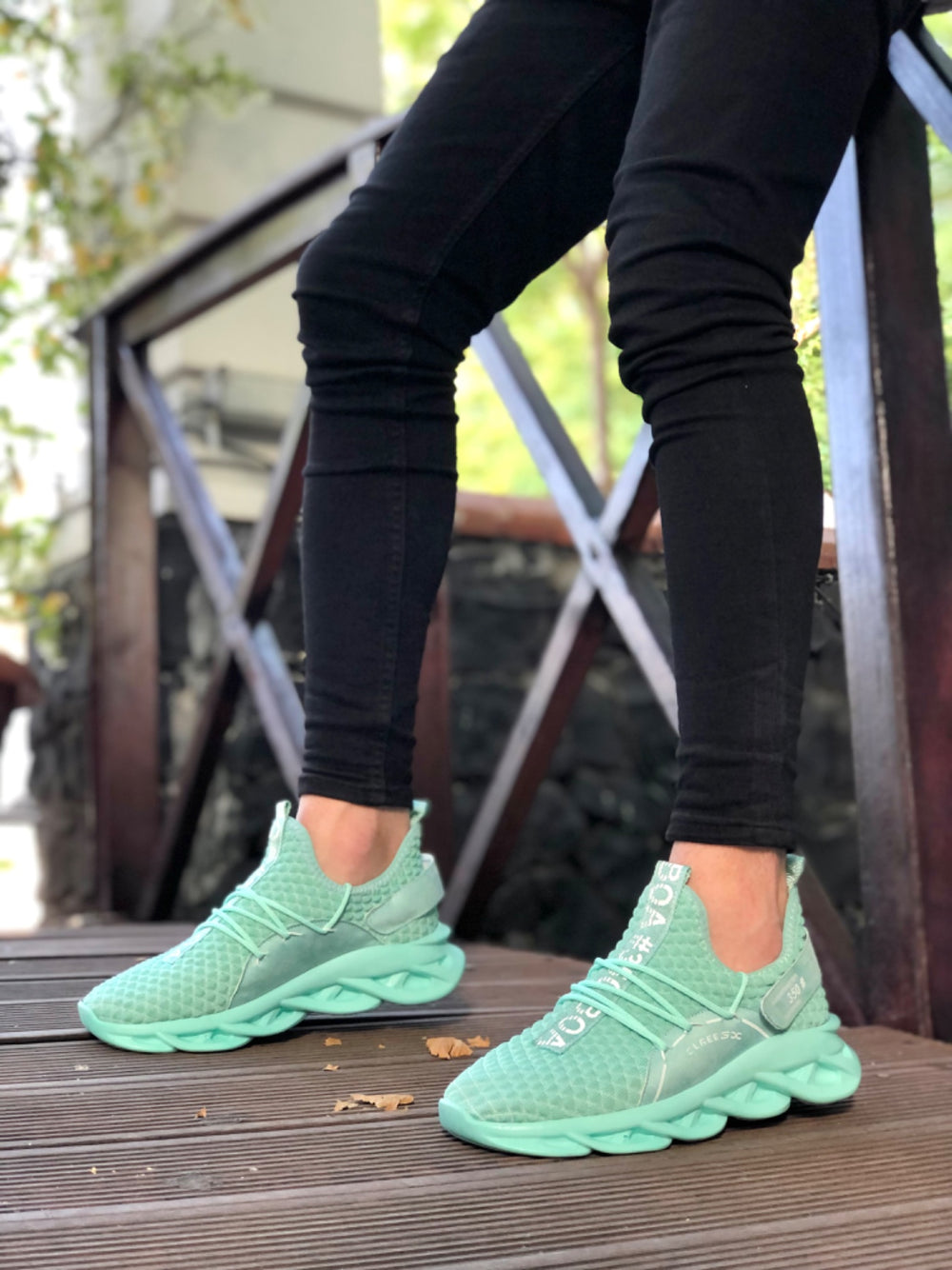 Mint Green Men's High-Top Sneakers with Velcro Detail BA0350