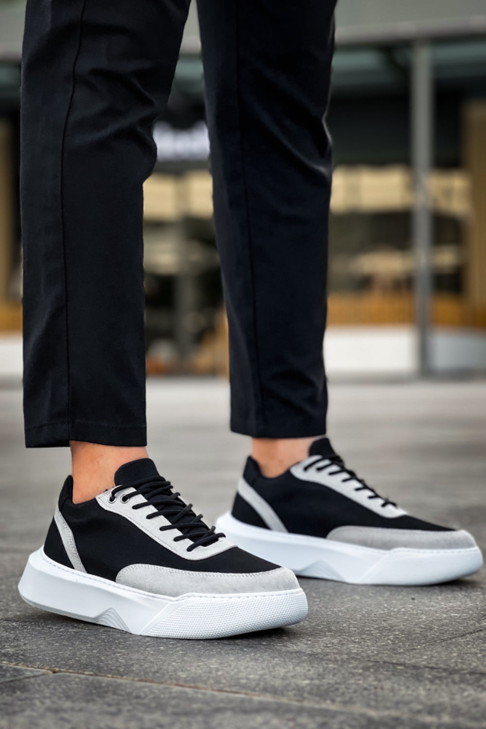Men's Grey Patchwork Black High Top Sneakers with Daily Lacing