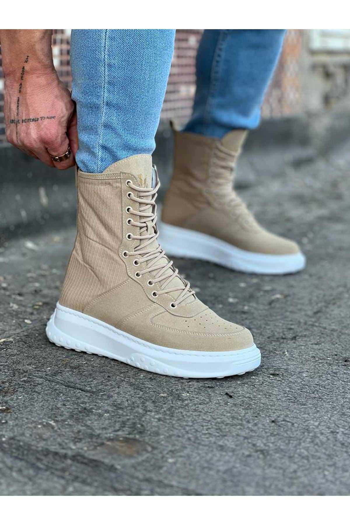 Beige Suede Long Lace-Up Boots
