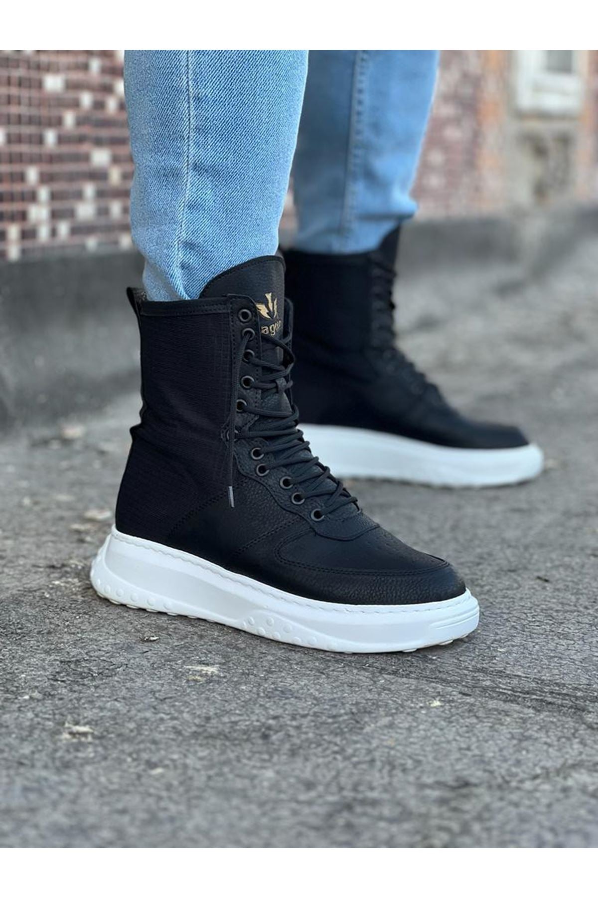 Black Leather Long Lace-Up Boot