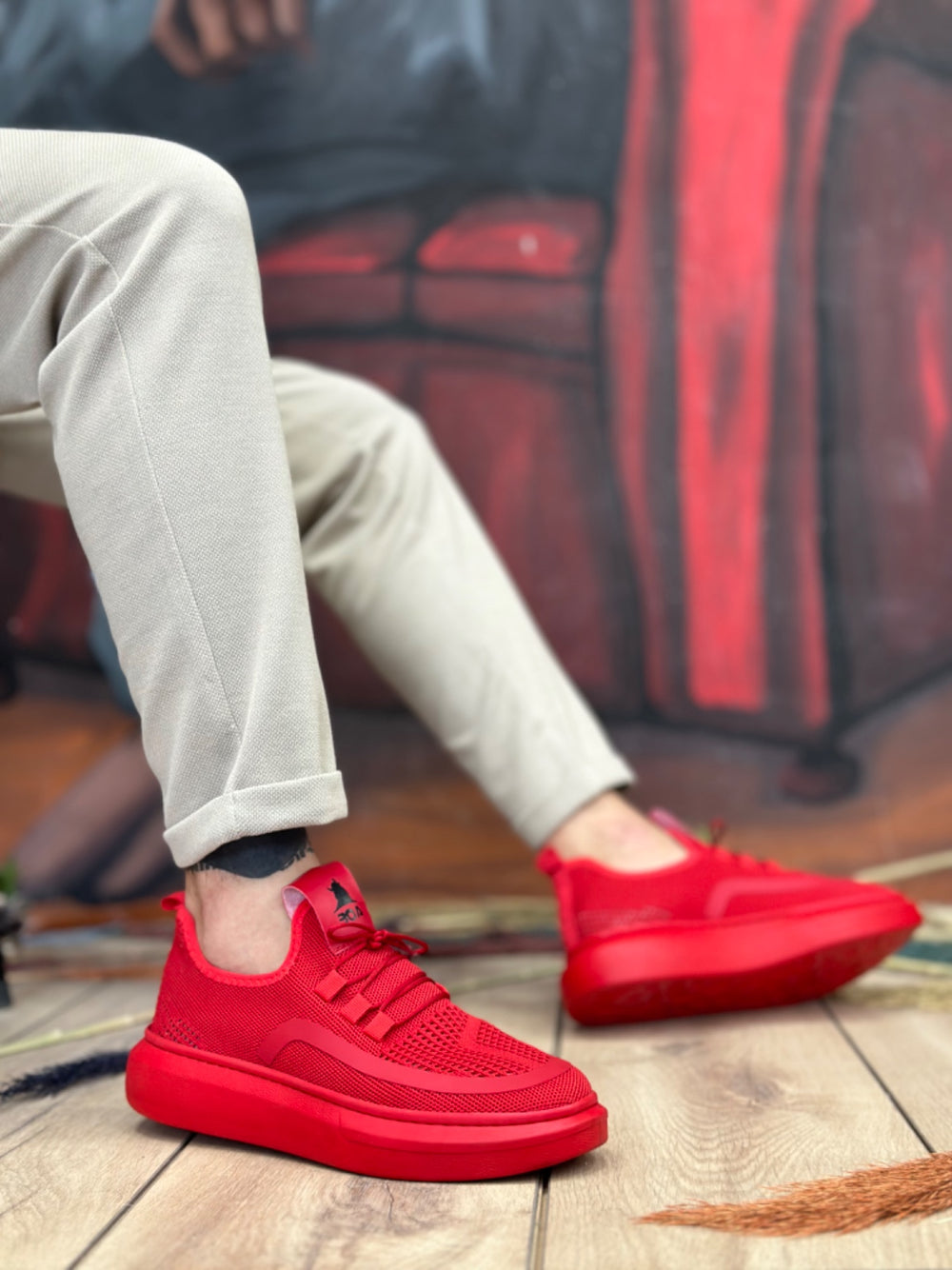 Red Knit Style Special Sports Shoes - BA0375
