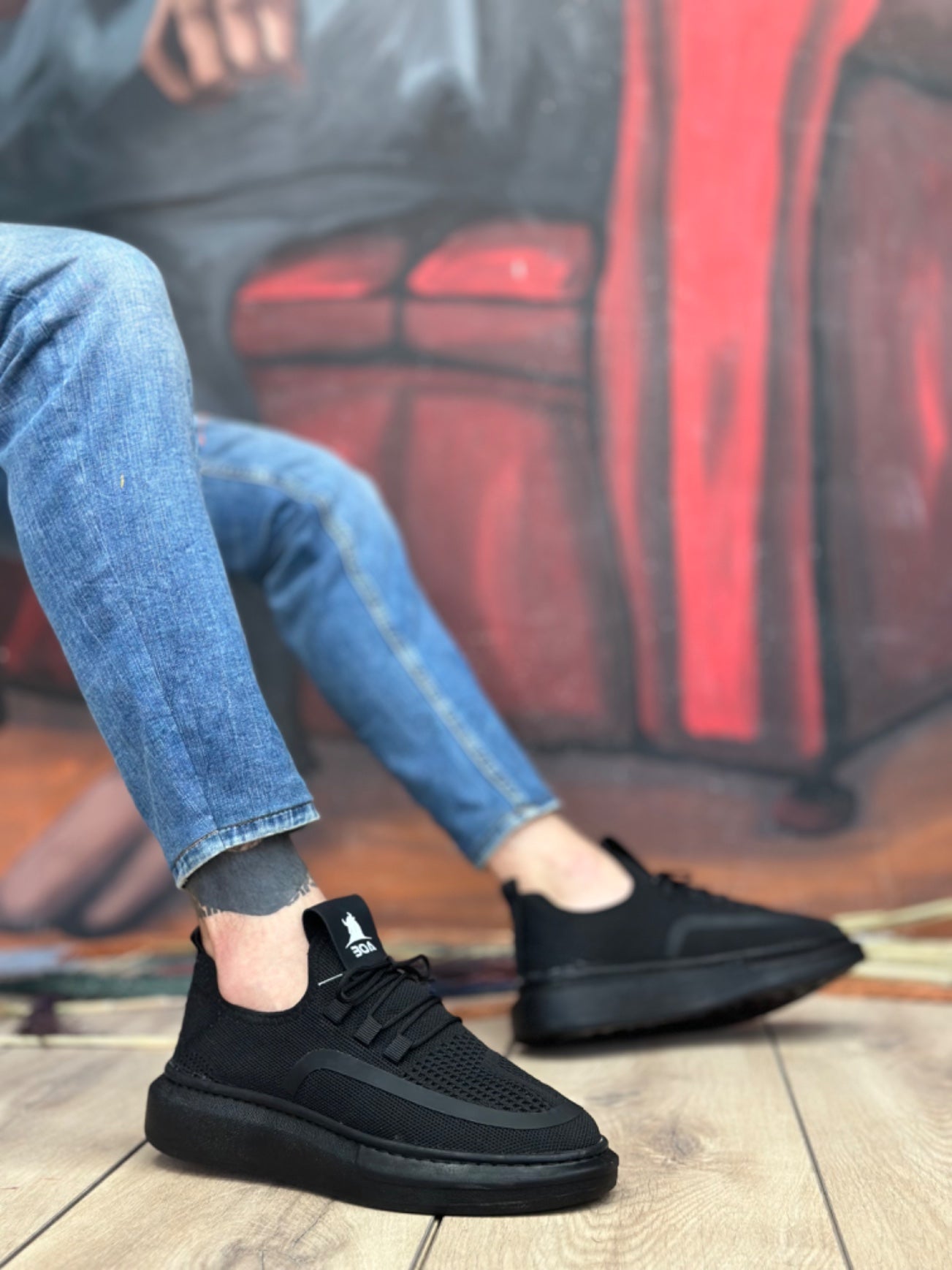 Black Knit Style Sneakers with Black Sole - BA0375 Special