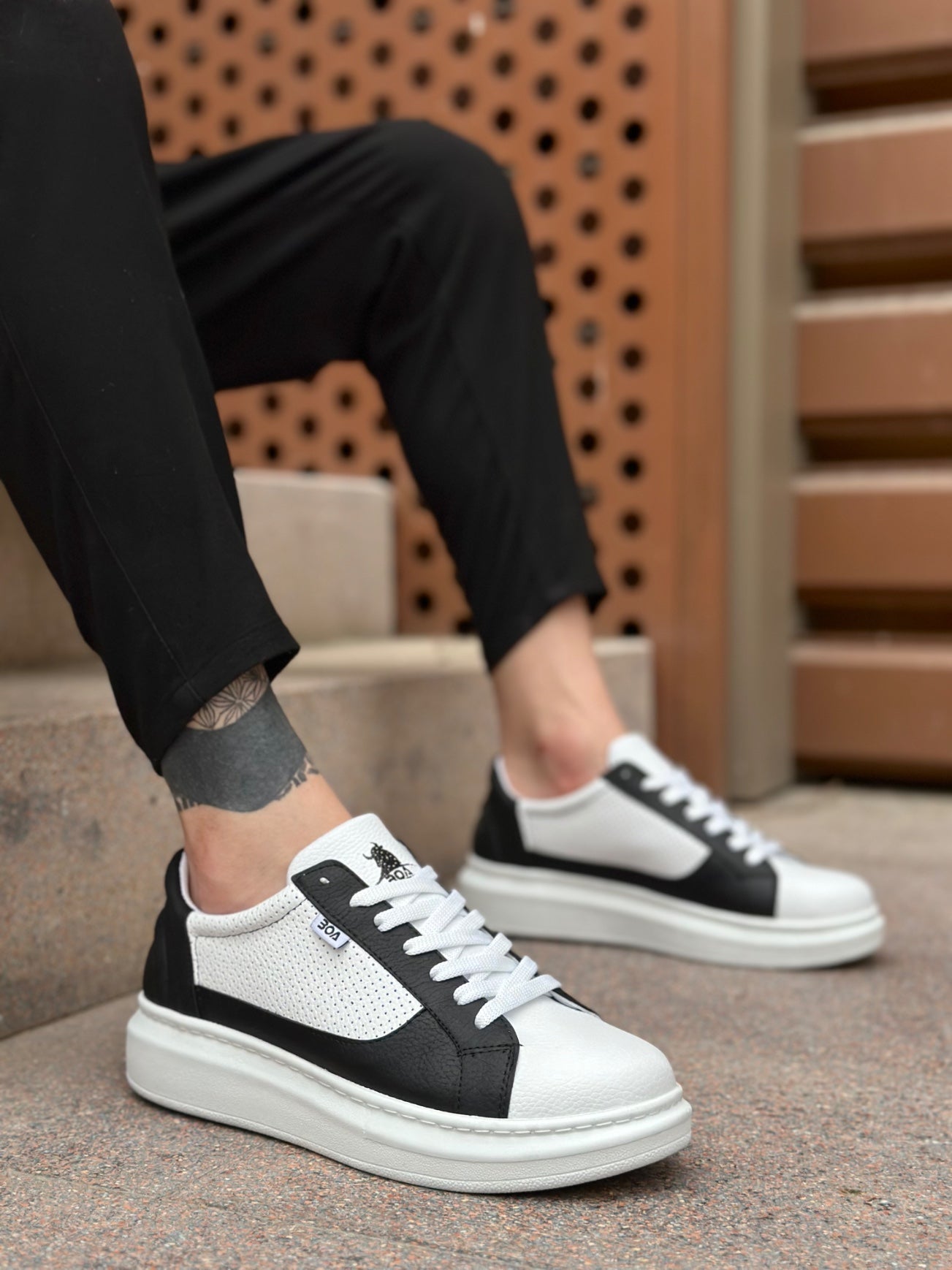 BA0423 Thick High Sole White Black Lace-Up Men's Sneakers