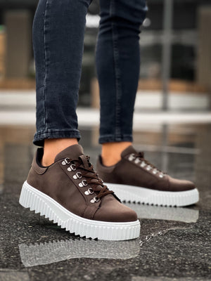 Brown White Sole Casual Shoes with Hook Laces