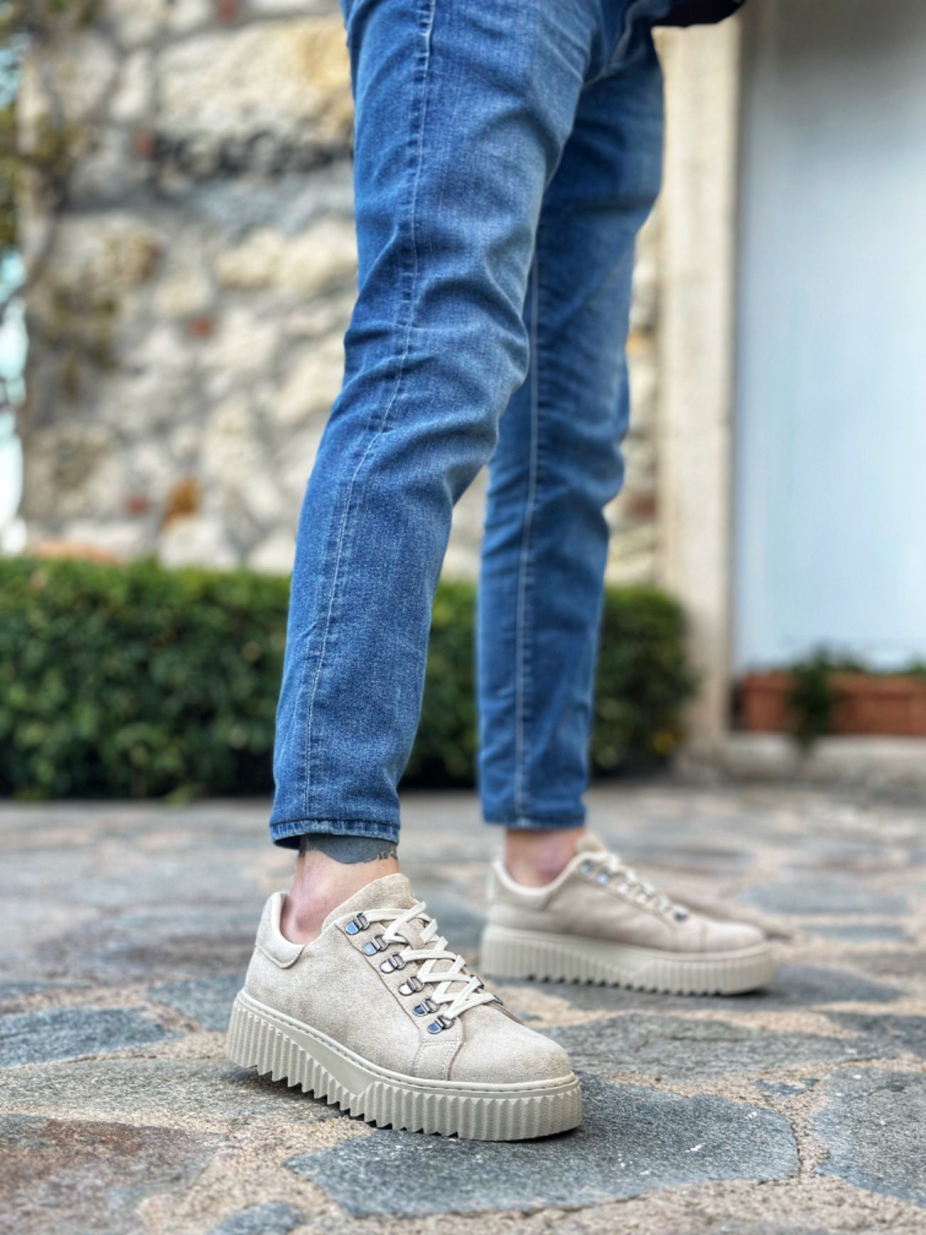 Cream Colored High Top Sneakers with Hook Lace - BA0505