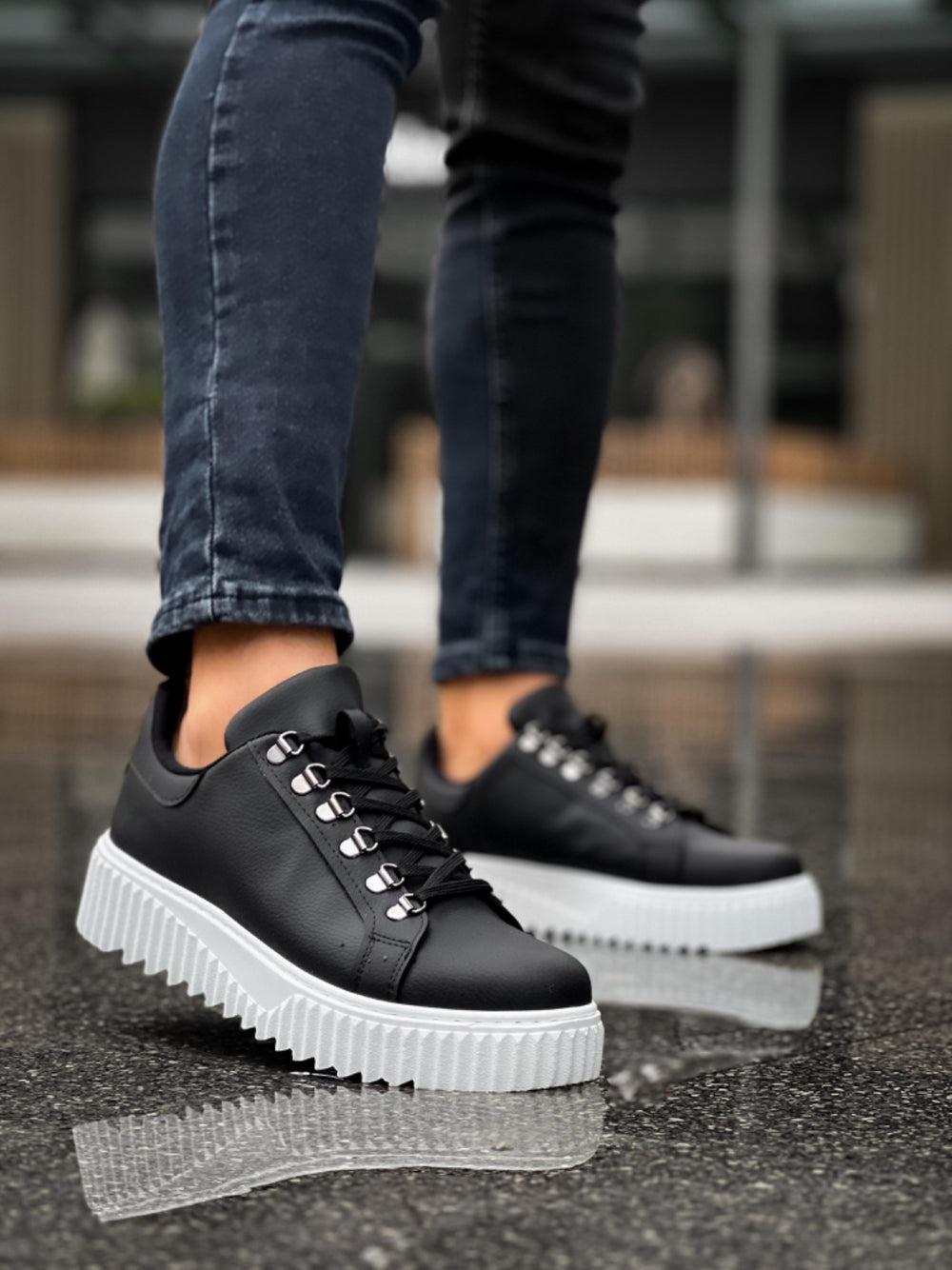 Black Lace-Up Casual Sneakers with White Sole