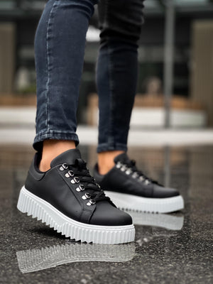 Black Lace-Up Casual Sneakers with White Sole