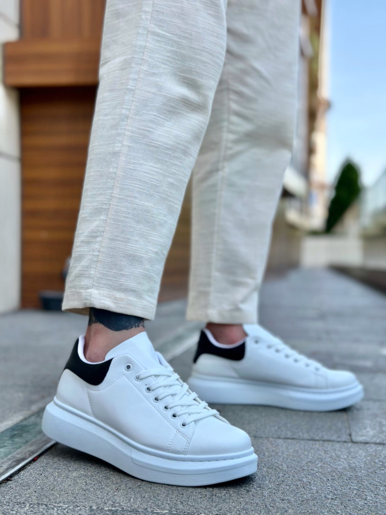 BA0547 Thick High Sole White Black Lace-up Men's Sneakers