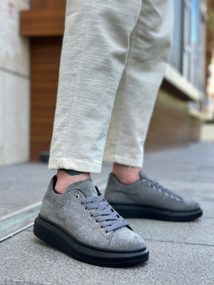 BOA Thick High Sole Gray Black Suede Lace-Up Men's Sneakers