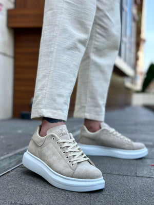 Thick High Sole Cream Suede Lace-up Men's Sports Shoes